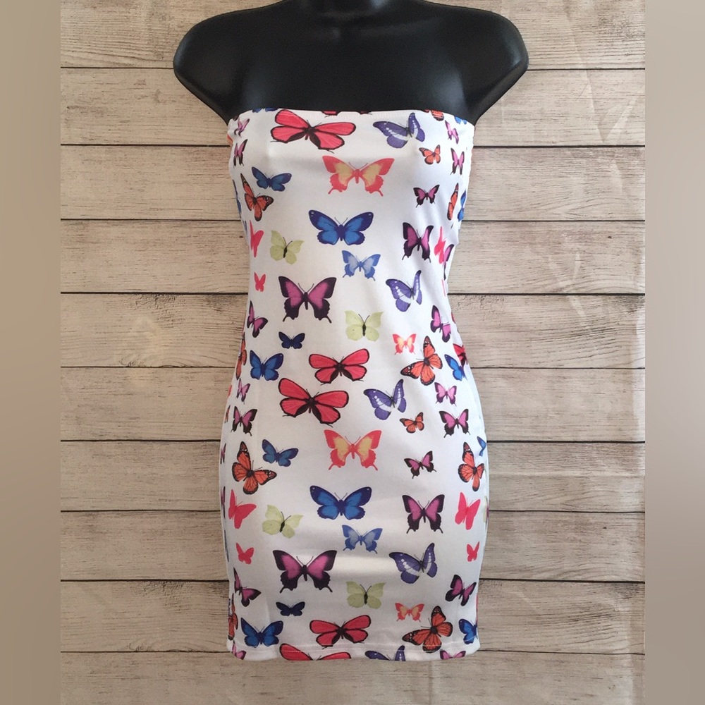Women's JUNIOR Strapless White Butterfly-Print Bodycon Dress (SIZE:Junior S)